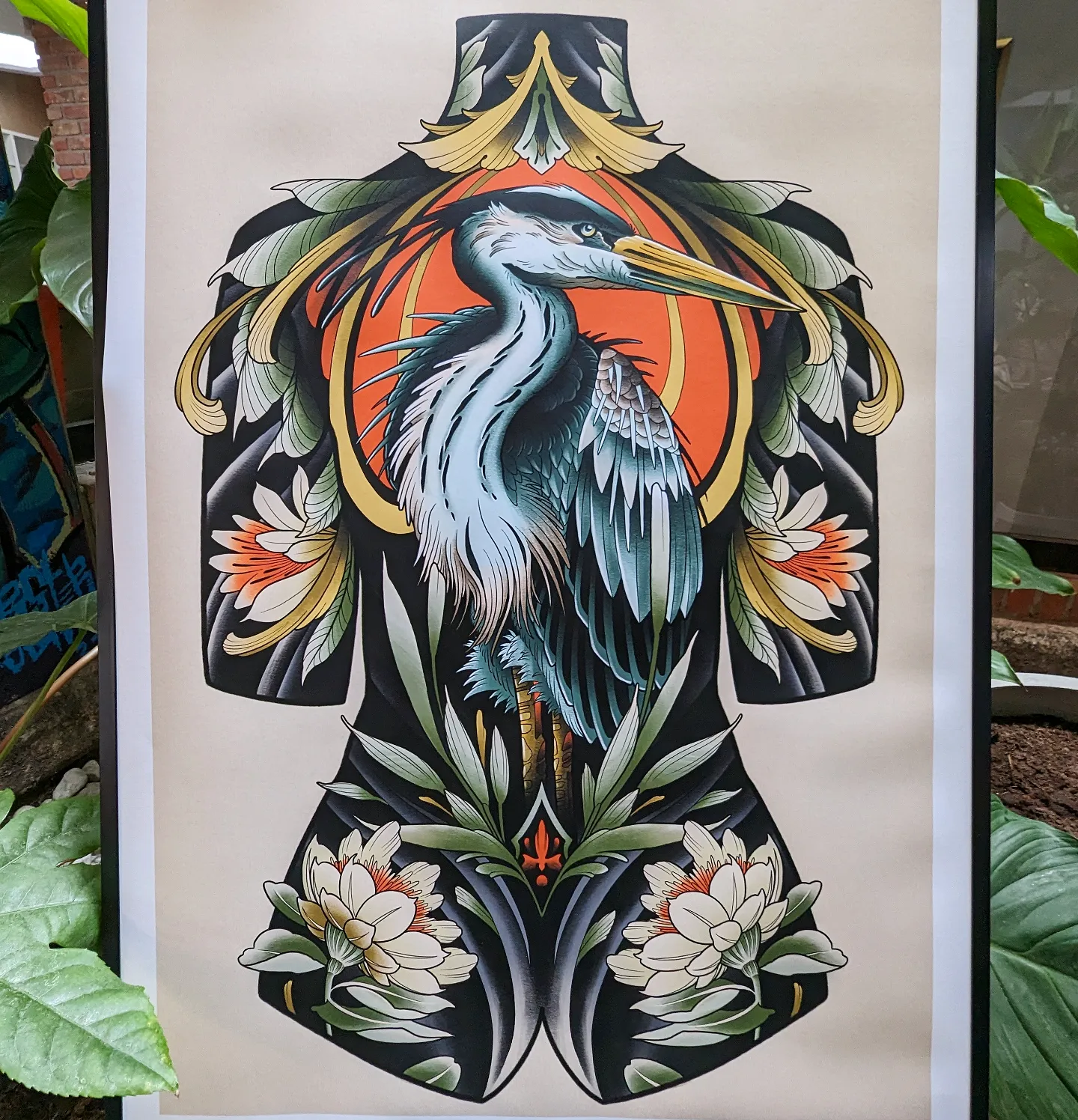 Argustattoo stickystef backpiece heron design, tattoo by Sticky Stef at Argus Tattoo in Antwerp