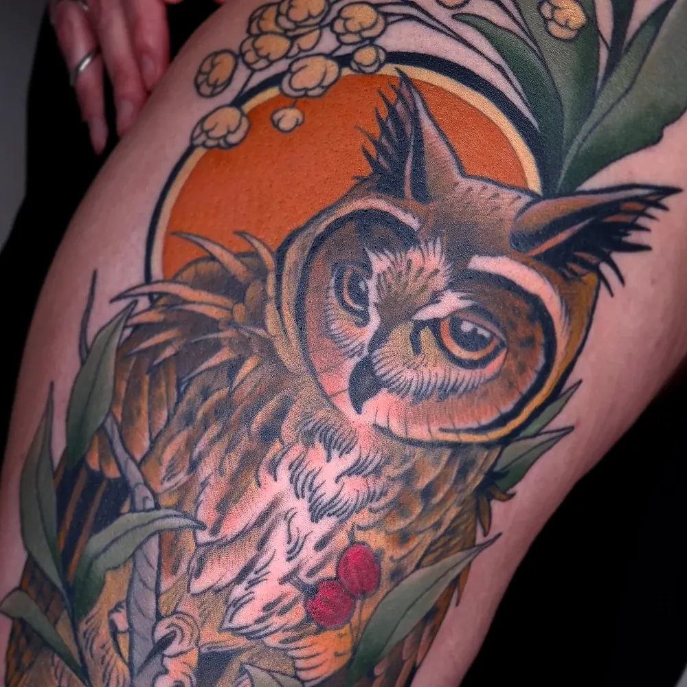 Argustattoo stickystef owl, tattoo by Sticky Stef at Argus Tattoo in Antwerp