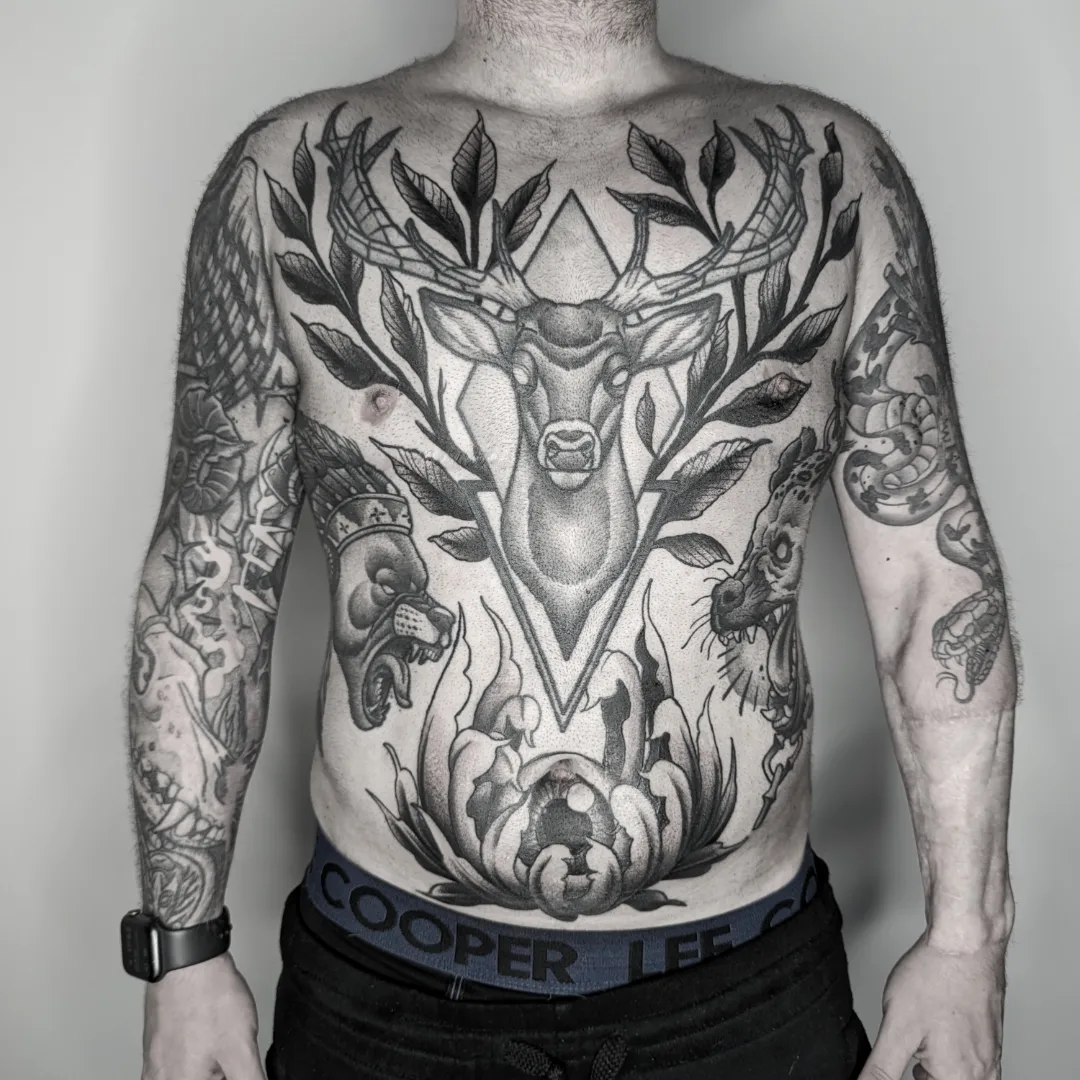 Argustattoo tacodoodnuchter forest chest belly, tattoo by Taco Bals at Argus Tattoo in Antwerp